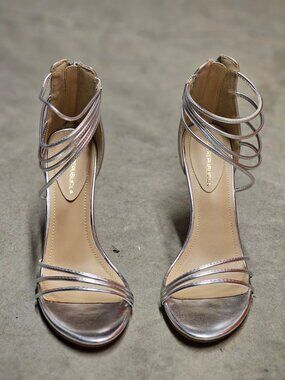 Strappy Metallic Silver High Heel Sandals With Ankle Strap Closure - Womens